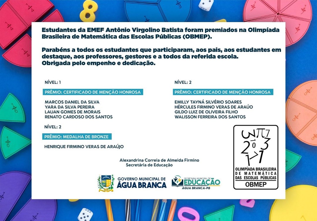 Leia mais sobre o artigo Alunos da Antônio Virgolino foram premiados na Olimpíada Brasileira de Matemática – OBMEP